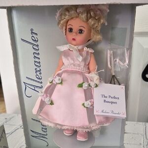 NIB Madame Alexander Doll in Pink Satin Floral Accents With Stand